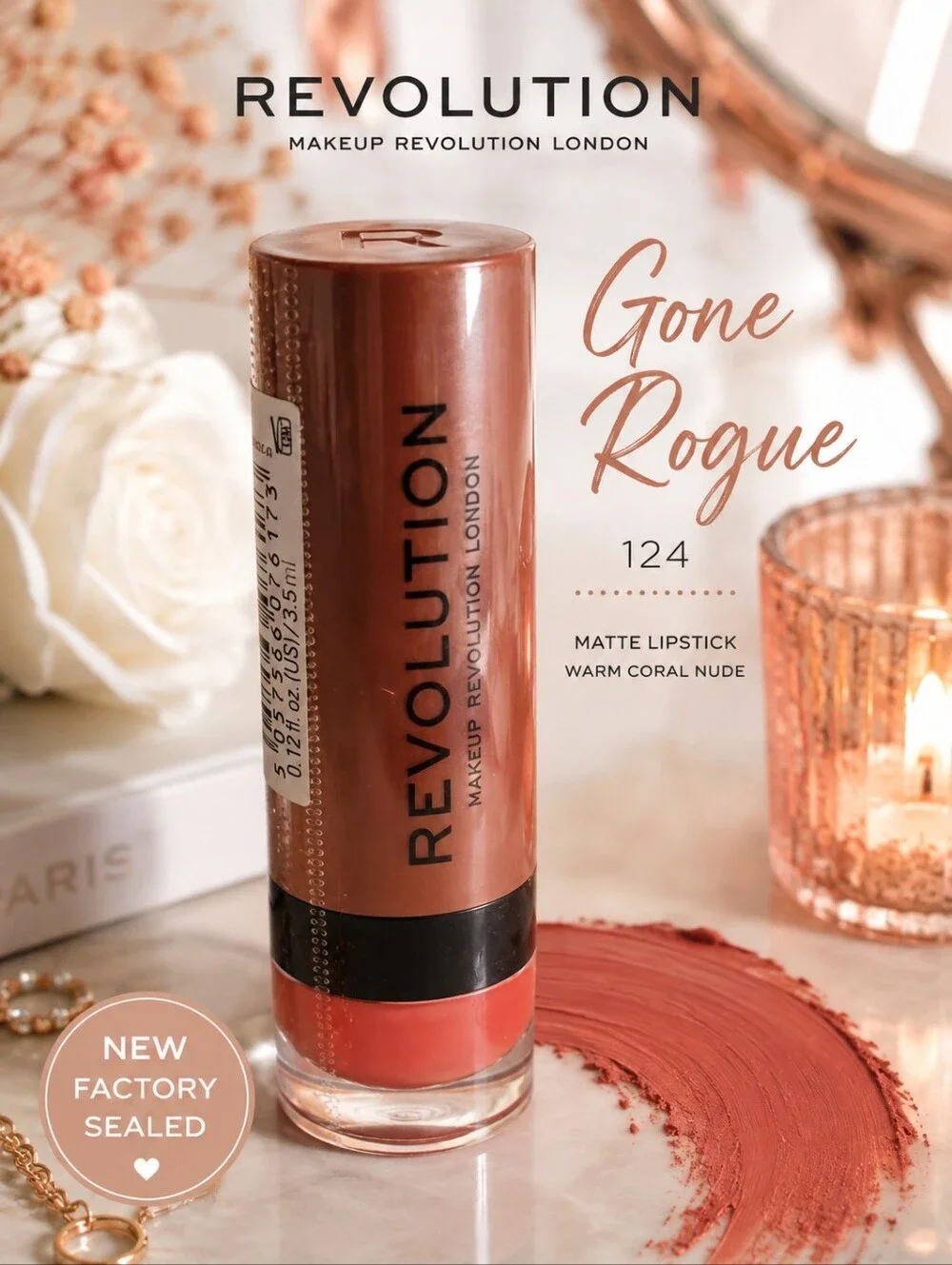 🕯NWT Makeup Revolution Matte Lipstick Gone Rogue 124 Sealed Coral Nude